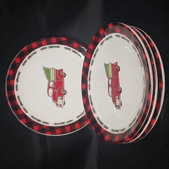 Dennis East International NWT Set/4 Plaid Trimmed Red Truck Ceramic Plates - Picture 1 of 5